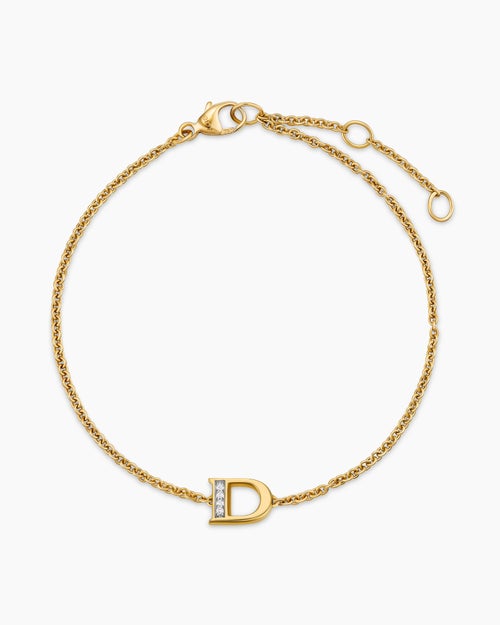 Womens Petite Pavé Initial Chain Bracelet in 18K Yellow Gold with Diamond D