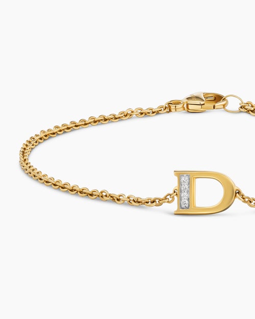 Womens Petite Pavé Initial Chain Bracelet in 18K Yellow Gold with Diamond D