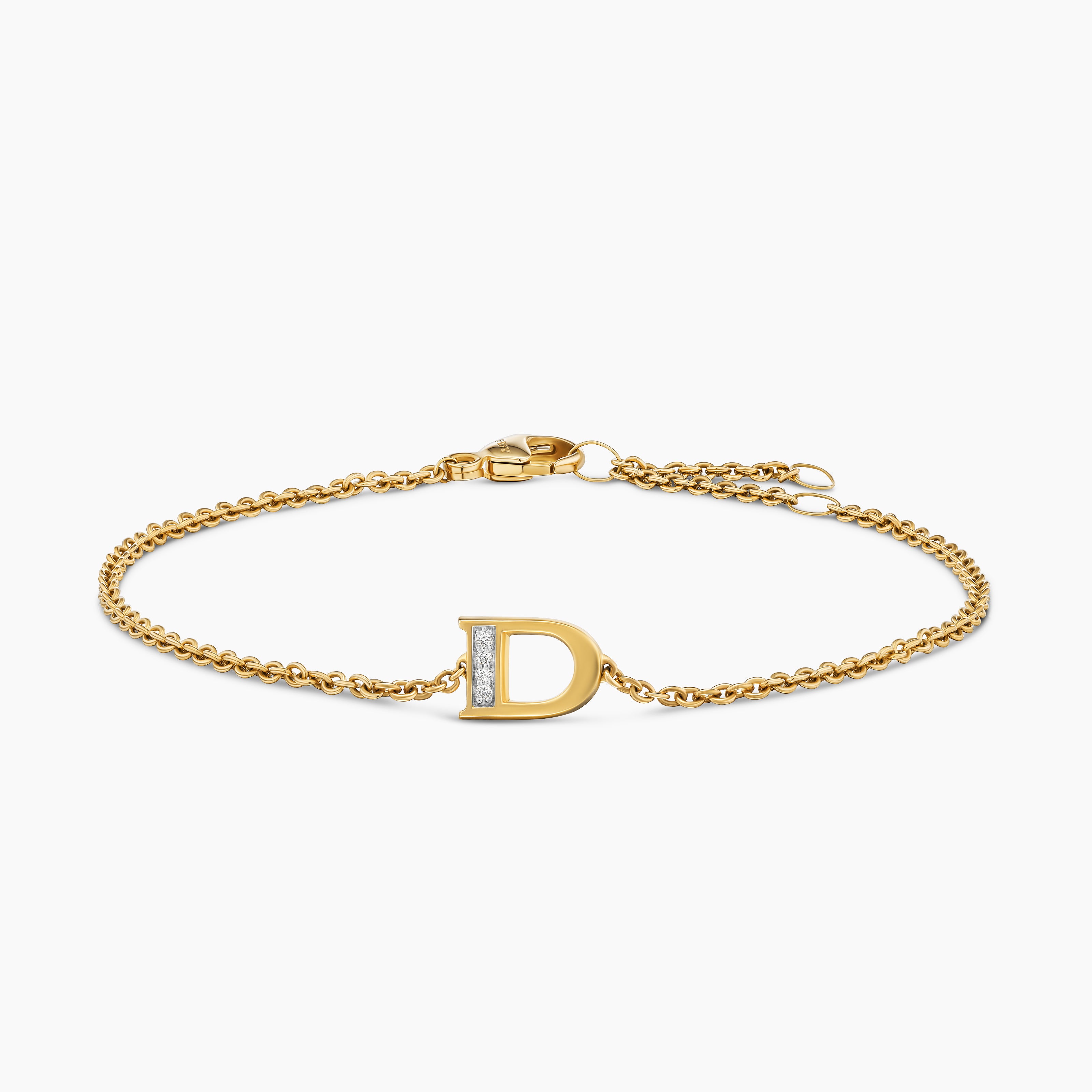 Womens Petite Pav&eacute; Initial Chain Bracelet in 18K Yellow Gold with Diamond D