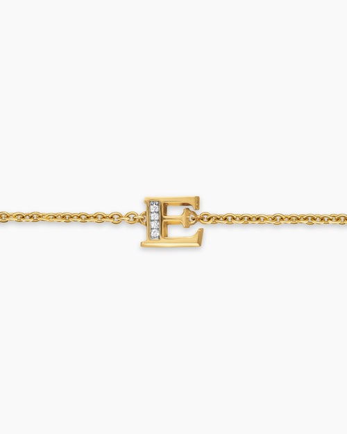 Womens Petite Pavé Initial Chain Bracelet in 18K Yellow Gold with Diamond E