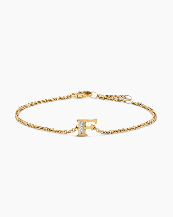 Petite Pavé Initial Chain Bracelet in 18K Yellow Gold with Diamond F