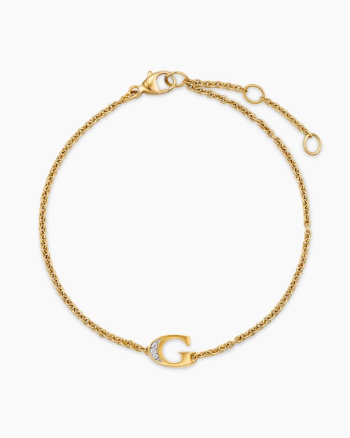 Womens Petite Pavé Initial Chain Bracelet in 18K Yellow Gold with Diamond G