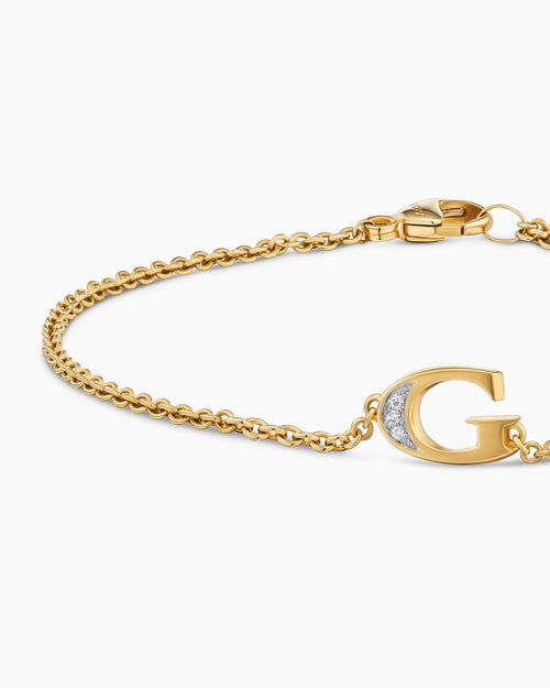Womens Petite Pavé Initial Chain Bracelet in 18K Yellow Gold with Diamond G