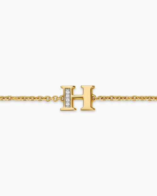 Womens Petite Pavé Initial Chain Bracelet in 18K Yellow Gold with Diamond H