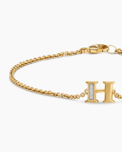 Womens Petite Pavé Initial Chain Bracelet in 18K Yellow Gold with Diamond H