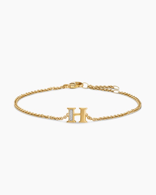 Womens Petite Pavé Initial Chain Bracelet in 18K Yellow Gold with Diamond H
