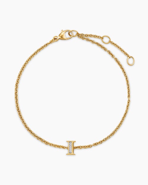Womens Petite Pavé Initial Chain Bracelet in 18K Yellow Gold with Diamond I