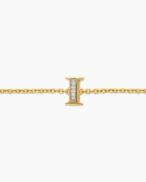 Womens Petite Pavé Initial Chain Bracelet in 18K Yellow Gold with Diamond I