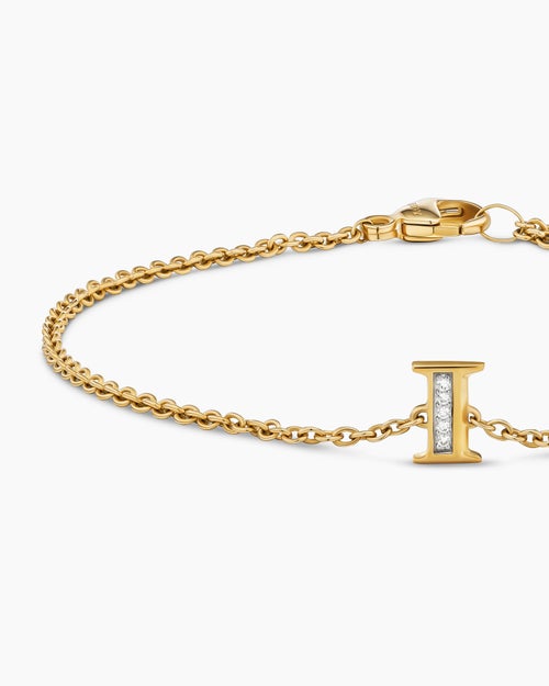 Womens Petite Pavé Initial Chain Bracelet in 18K Yellow Gold with Diamond I
