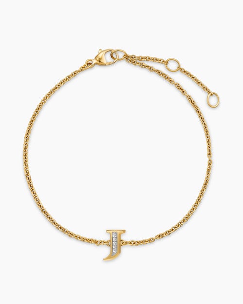 Womens Petite Pavé Initial Chain Bracelet in 18K Yellow Gold with Diamond J