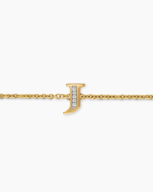 Womens Petite Pavé Initial Chain Bracelet in 18K Yellow Gold with Diamond J