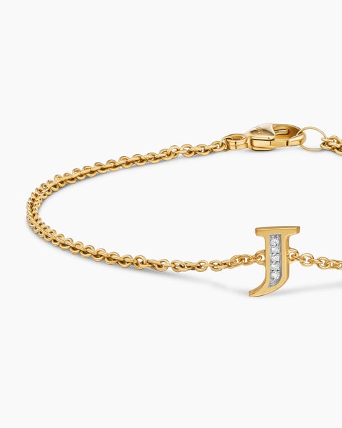 Womens Petite Pavé Initial Chain Bracelet in 18K Yellow Gold with Diamond J