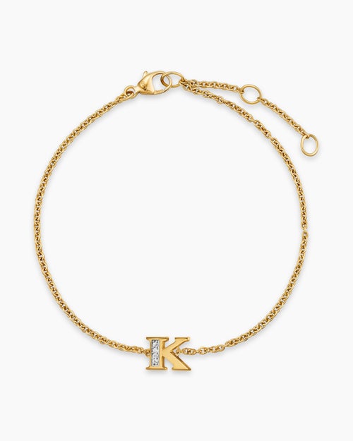 Womens Petite Pavé Initial Chain Bracelet in 18K Yellow Gold with Diamond K