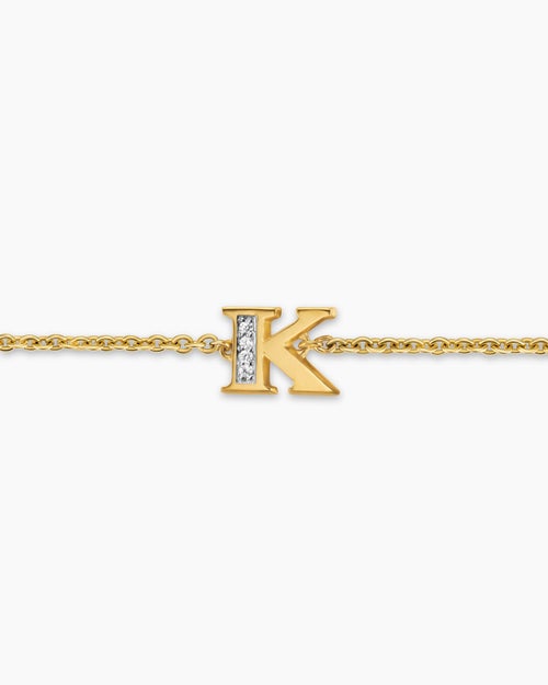 Womens Petite Pavé Initial Chain Bracelet in 18K Yellow Gold with Diamond K
