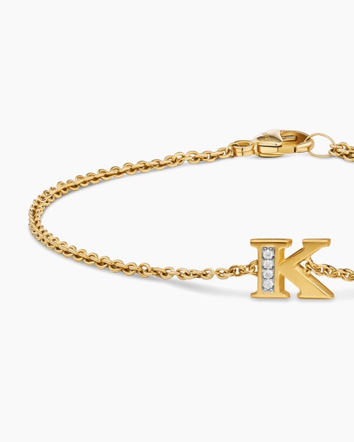 Womens Petite Pavé Initial Chain Bracelet in 18K Yellow Gold with Diamond K