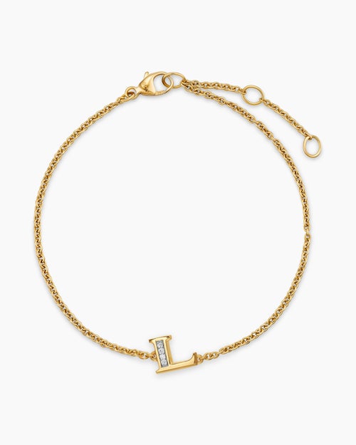 Womens Petite Pavé Initial Chain Bracelet in 18K Yellow Gold with Diamond L
