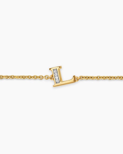 Womens Petite Pavé Initial Chain Bracelet in 18K Yellow Gold with Diamond L