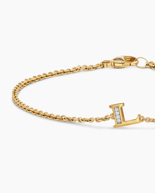 Womens Petite Pavé Initial Chain Bracelet in 18K Yellow Gold with Diamond L