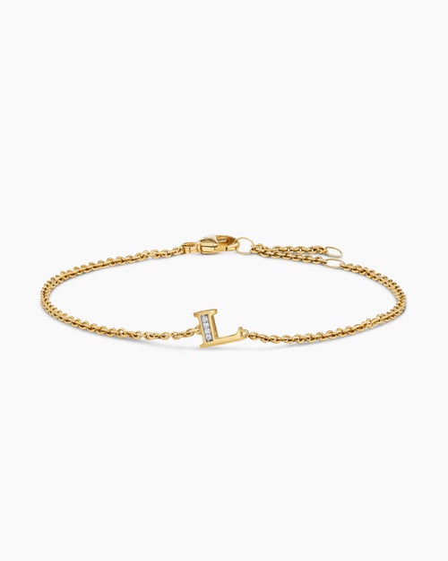 Womens Petite Pavé Initial Chain Bracelet in 18K Yellow Gold with Diamond L