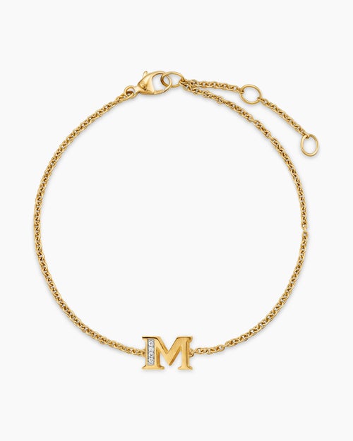 Womens Petite Pavé Initial Chain Bracelet in 18K Yellow Gold with Diamond M