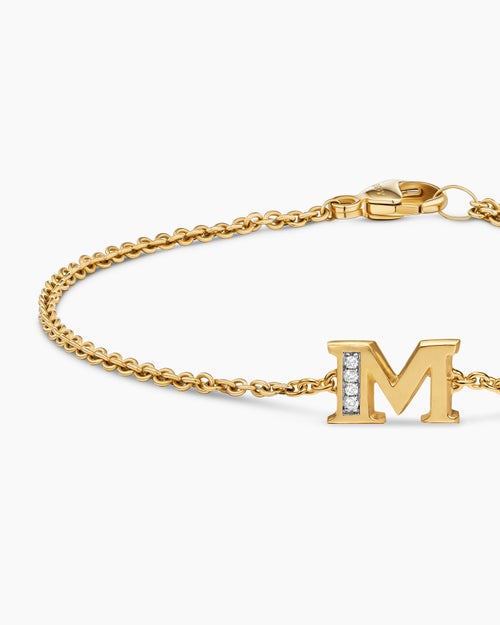 Womens Petite Pavé Initial Chain Bracelet in 18K Yellow Gold with Diamond M
