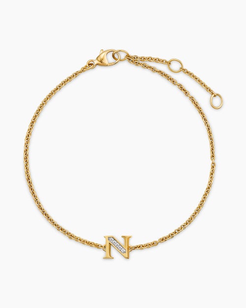 Womens Petite Pavé Initial Chain Bracelet in 18K Yellow Gold with Diamond N