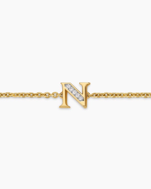 Womens Petite Pavé Initial Chain Bracelet in 18K Yellow Gold with Diamond N