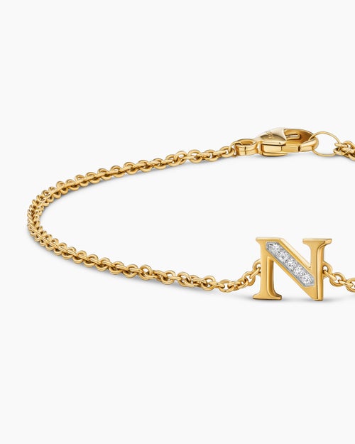 Womens Petite Pavé Initial Chain Bracelet in 18K Yellow Gold with Diamond N