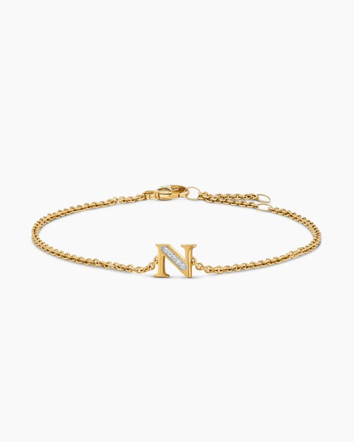 Womens Petite Pavé Initial Chain Bracelet in 18K Yellow Gold with Diamond N