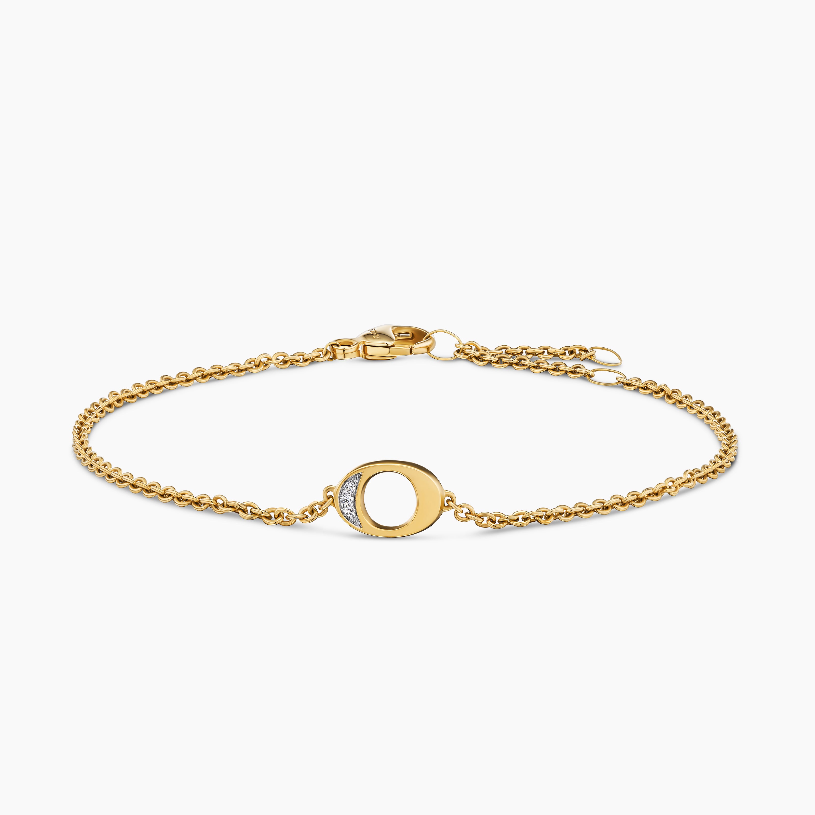Womens Petite Pav&eacute; Initial Chain Bracelet in 18K Yellow Gold with Diamond O
