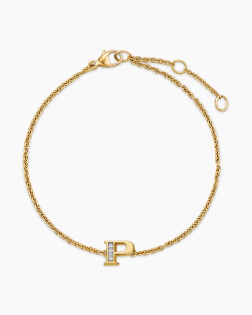Womens Petite Pavé Initial Chain Bracelet in 18K Yellow Gold with Diamond P