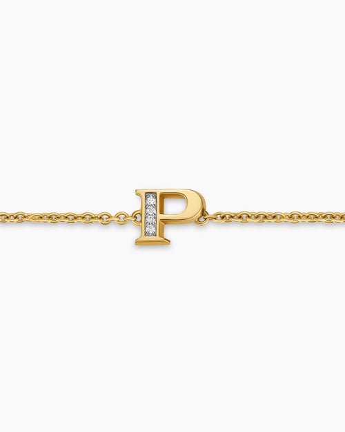 Womens Petite Pavé Initial Chain Bracelet in 18K Yellow Gold with Diamond P