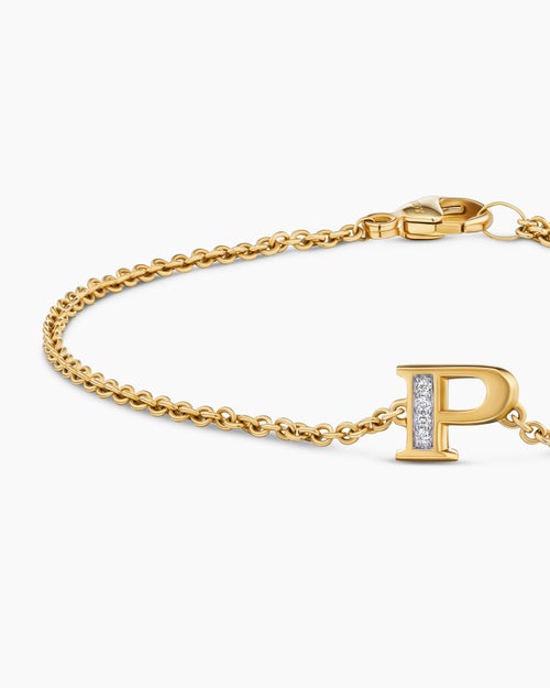 Womens Petite Pavé Initial Chain Bracelet in 18K Yellow Gold with Diamond P