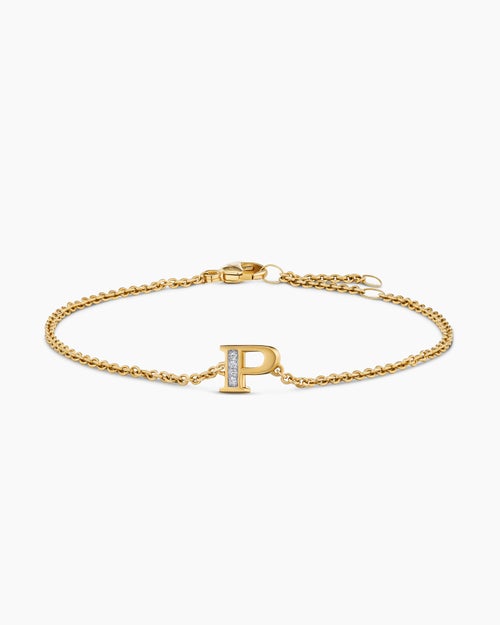 Womens Petite Pavé Initial Chain Bracelet in 18K Yellow Gold with Diamond P
