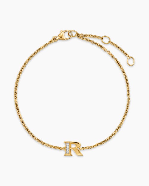 Womens Petite Pavé Initial Chain Bracelet in 18K Yellow Gold with Diamond R