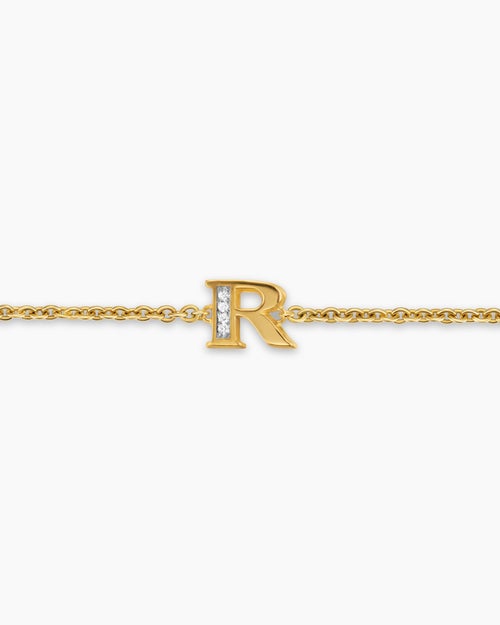 Womens Petite Pavé Initial Chain Bracelet in 18K Yellow Gold with Diamond R