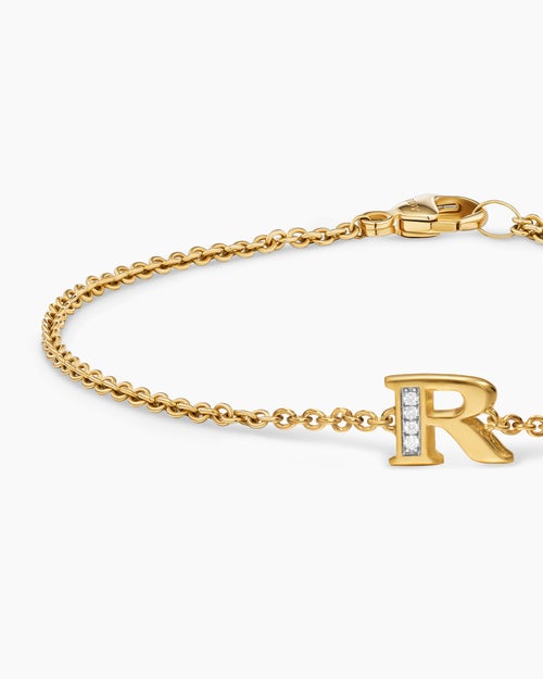 Womens Petite Pavé Initial Chain Bracelet in 18K Yellow Gold with Diamond R