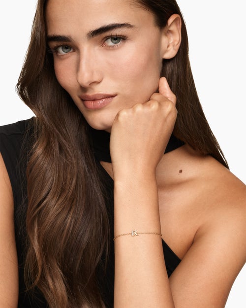 Womens Petite Pavé Initial Chain Bracelet in 18K Yellow Gold with Diamond R