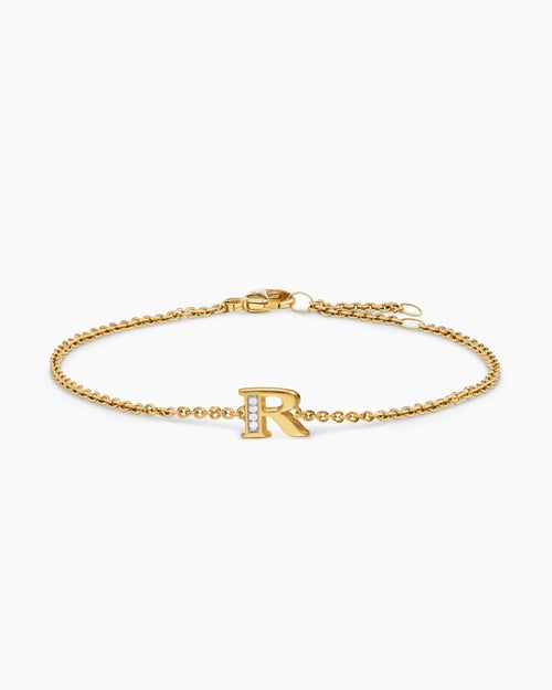 Womens Petite Pavé Initial Chain Bracelet in 18K Yellow Gold with Diamond R