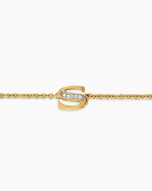 Petite Pavé Initial Chain Bracelet in 18K Yellow Gold with Diamond S