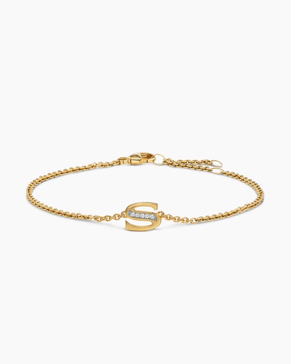 Petite Pavé Initial Chain Bracelet in 18K Yellow Gold with Diamond S