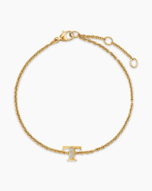 Womens Petite Pavé Initial Chain Bracelet in 18K Yellow Gold with Diamond T