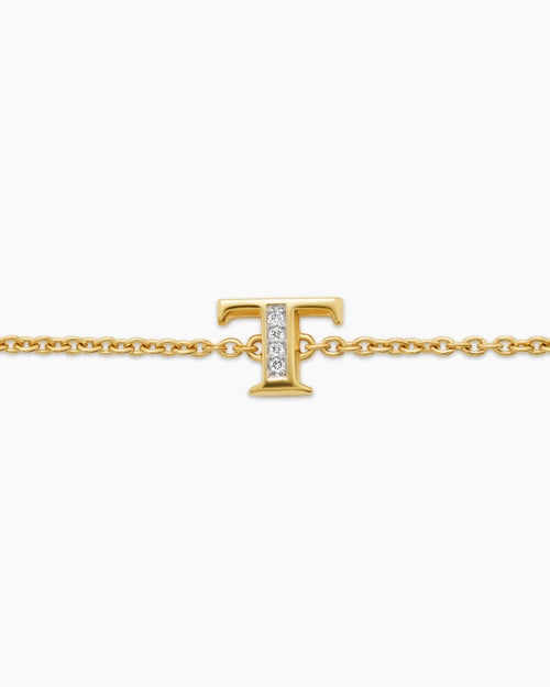 Womens Petite Pavé Initial Chain Bracelet in 18K Yellow Gold with Diamond T