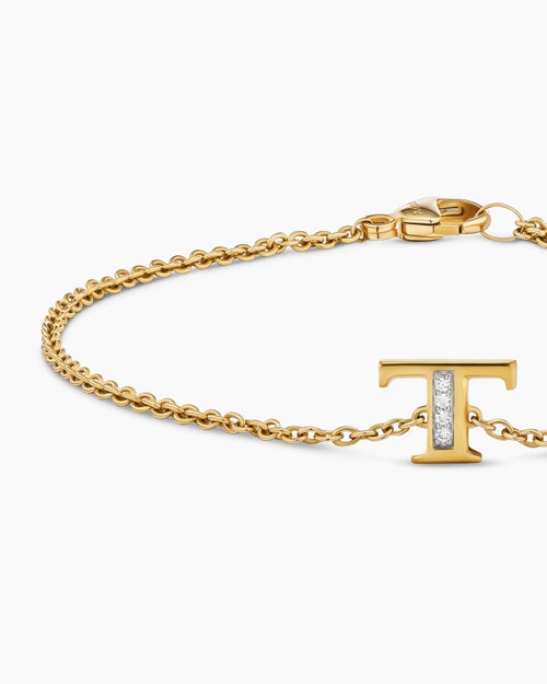 Womens Petite Pavé Initial Chain Bracelet in 18K Yellow Gold with Diamond T
