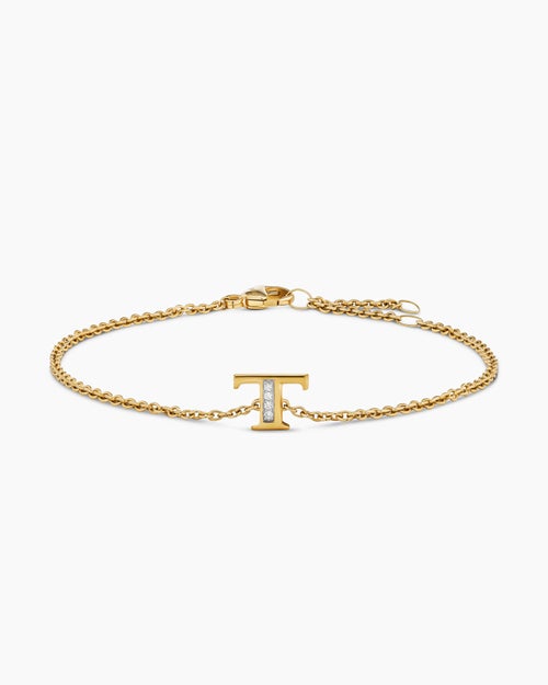 Womens Petite Pavé Initial Chain Bracelet in 18K Yellow Gold with Diamond T