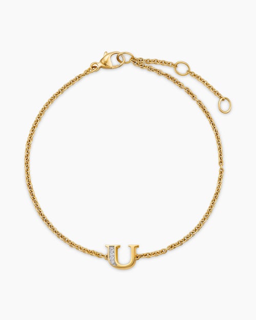 Womens Petite Pavé Initial Chain Bracelet in 18K Yellow Gold with Diamond U