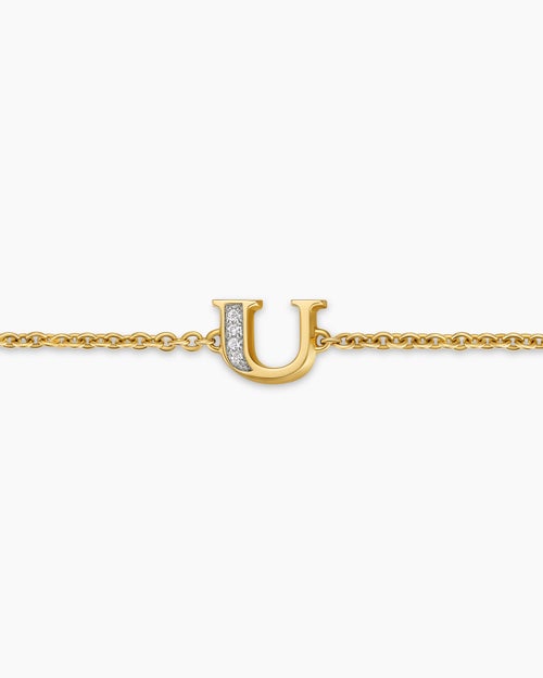 Womens Petite Pavé Initial Chain Bracelet in 18K Yellow Gold with Diamond U