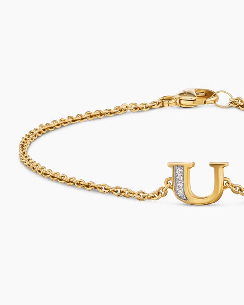 Womens Petite Pavé Initial Chain Bracelet in 18K Yellow Gold with Diamond U