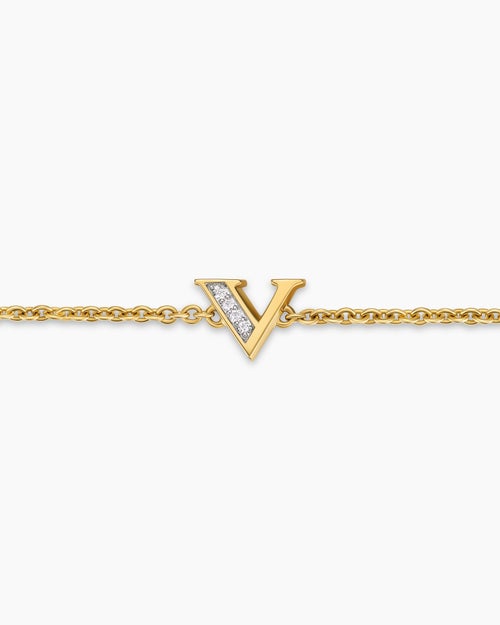Womens Petite Pavé Initial Chain Bracelet in 18K Yellow Gold with Diamond V