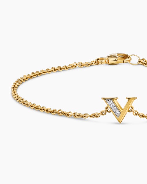 Womens Petite Pavé Initial Chain Bracelet in 18K Yellow Gold with Diamond V